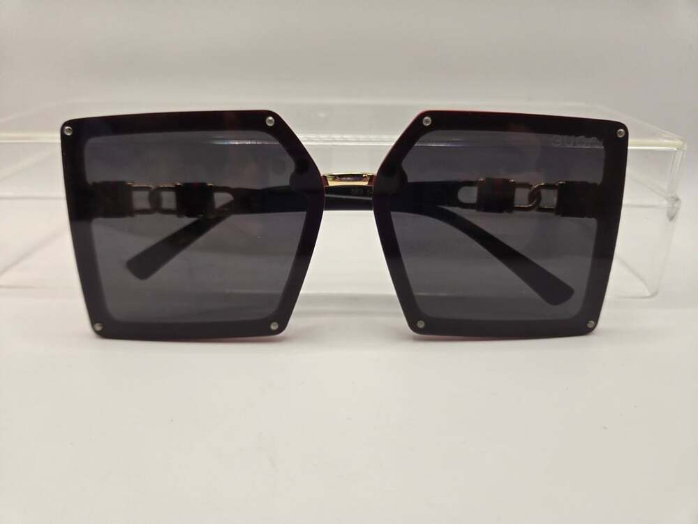 Oversized Square Sunglasses with Red Trim and Web Stripe Chain Detail